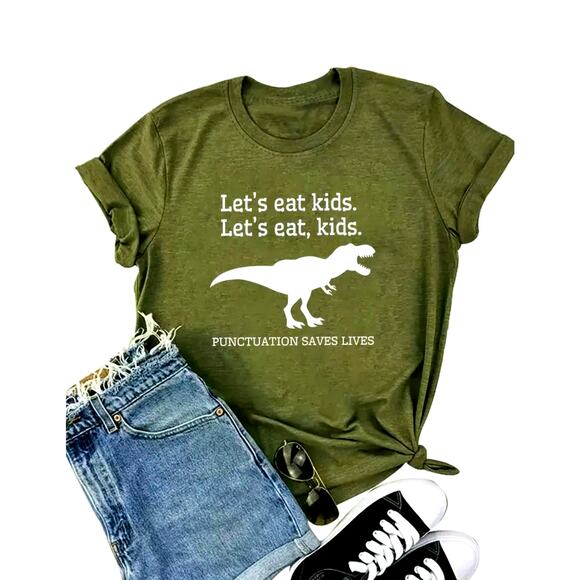 Dinosaur Print T Shirt Short Sleeve Crew Neck Lets Eat Kids Funny 8/10 - Picture 1 of 5